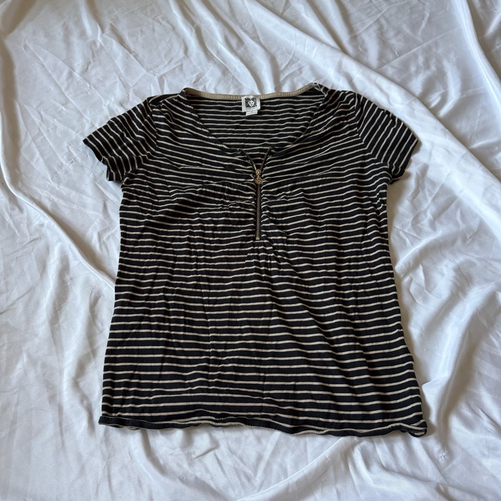 Anne Klein Women's Small Striped Zip Neck Top Navy White Short Sleeve